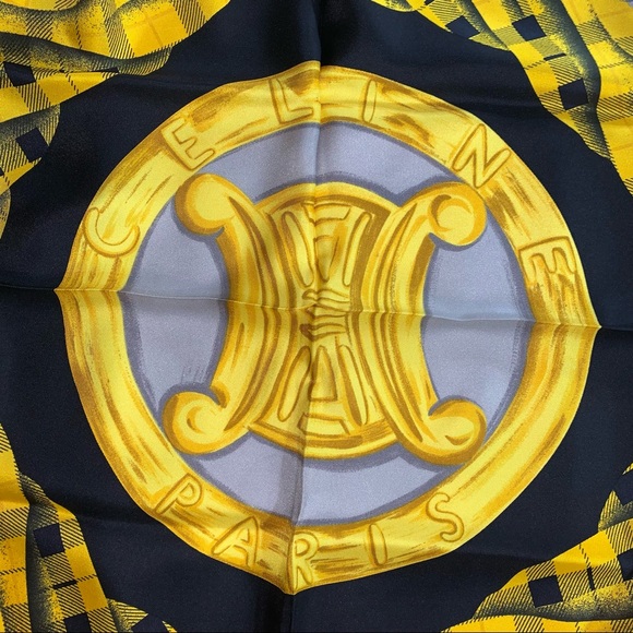 CELINE gold/black tartan plaid SILK TWILL scarf signature MACADAM logo at center - Picture 10 of 11